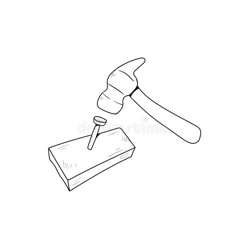 Nail Hammer icon in doodle sketch lines. Construction tool work carpenter nail wood vector illustration
