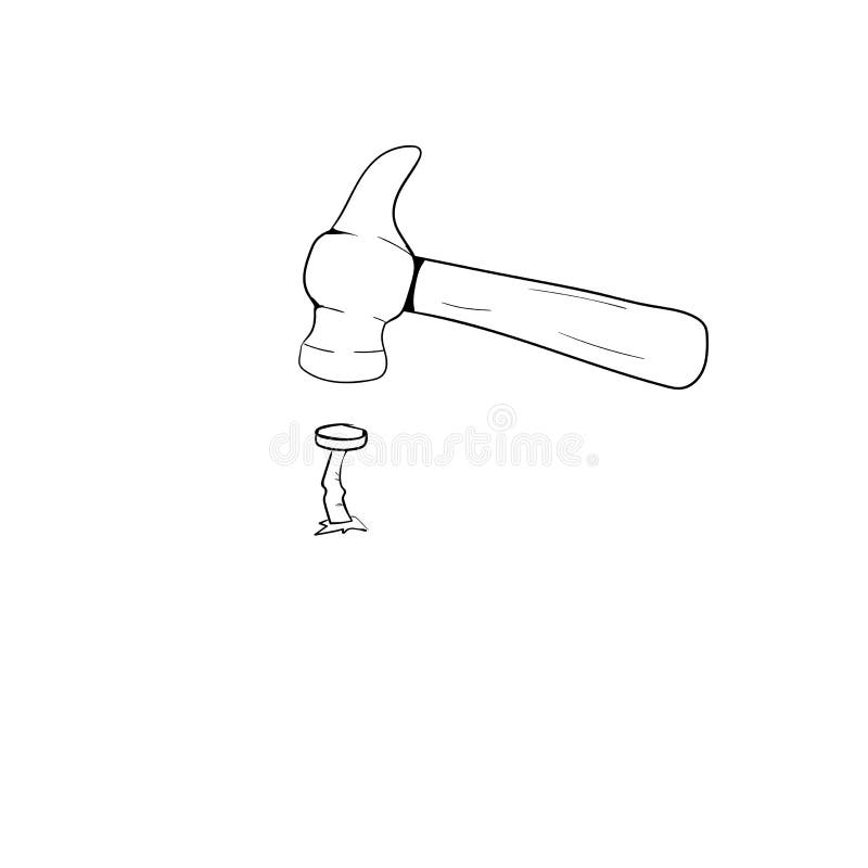 Nail Hammer icon in doodle sketch lines. Construction tool work carpenter nail wood vector illustration