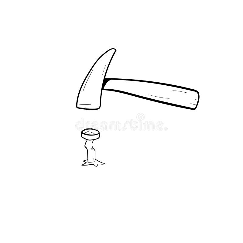 Nail Hammer icon in doodle sketch lines. Construction tool work carpenter nail wood vector illustration