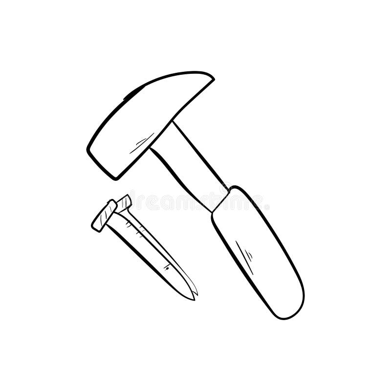Nail Hammer icon in doodle sketch lines. Construction tool work carpenter nail wood royalty free illustration