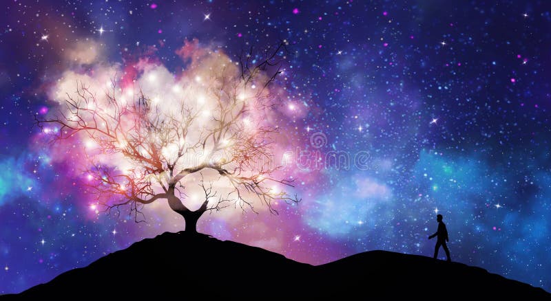 Tree of knowledge, man silhouette, cosmos, shining stars universe sky