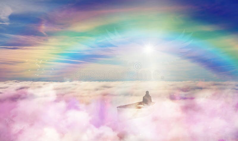 Man silhouette sailing in a boat on clouds, path toward the Light . Bright white light, rainbow and birds over a beautiful blue sky. Angel wings, divine being guiding the soul. Spiritual awakening, Soul journey, path to enlightenment finding peace, freedom, miracle, healing, afterlife concept. Man silhouette sailing in a boat on clouds, path toward the Light . Bright white light, rainbow and birds over a beautiful blue sky. Angel wings, divine being guiding the soul. Spiritual awakening, Soul journey, path to enlightenment finding peace, freedom, miracle, healing, afterlife concept.