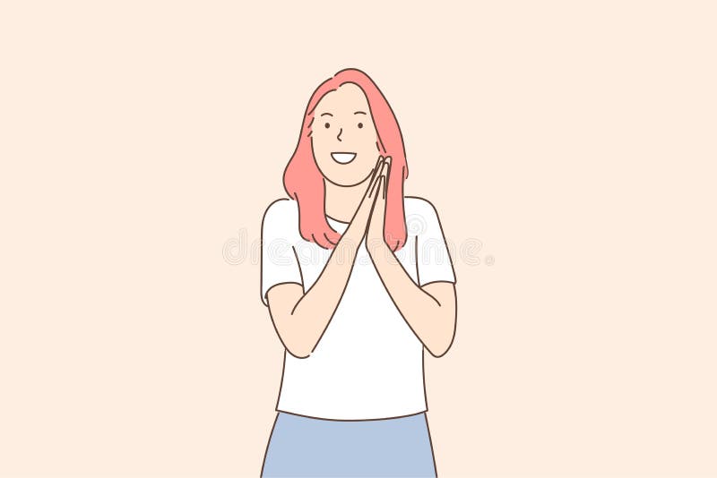 Beautiful Smiling Cheerful Woman Rubbing Hands and Wishing Fun Stock