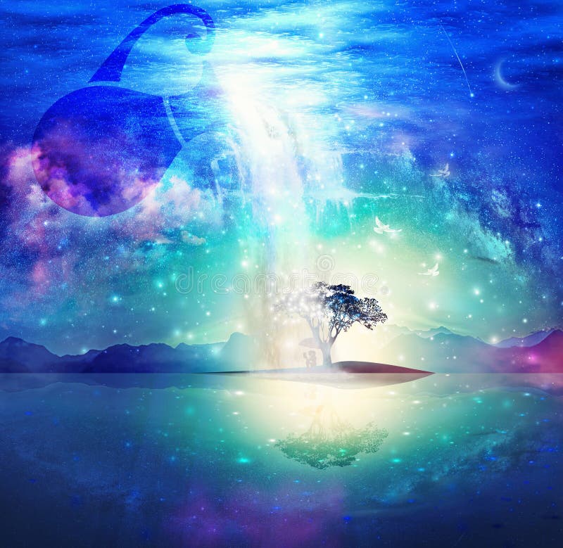 Fountain of Life, Akashic records, Meditation tree under stars, water mirror, tree of knowledge, universe sky, soul journey