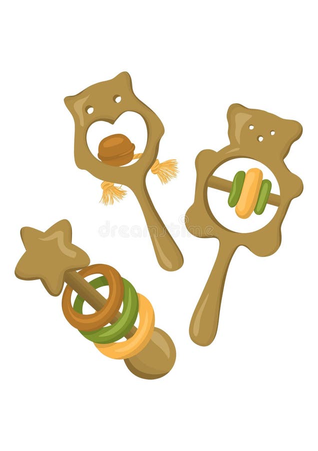 Wooden baby rattles with bear-shaped handles and circular cutouts. vector illustration