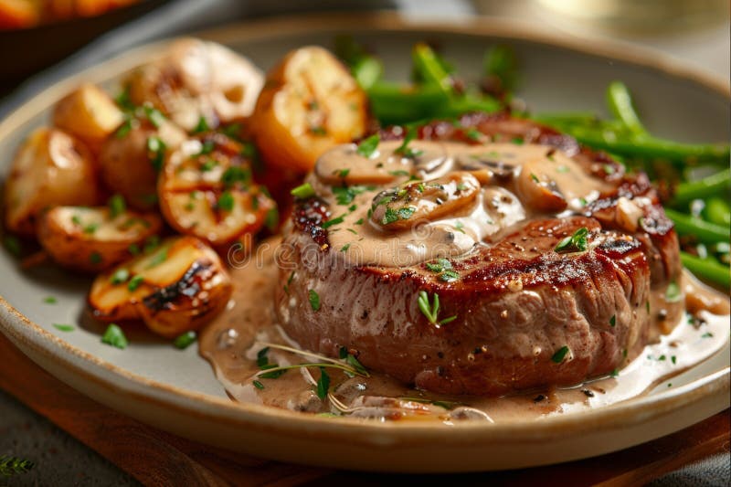 Premium Steak Diane with Side Dish, Cinematic Food Photography Stock Illustration Illustration