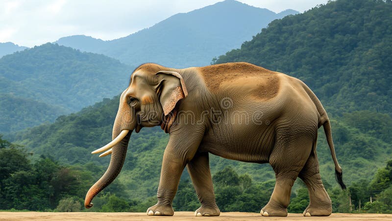 Asia Elephant walking on the green field with the mountain background. vector illustration