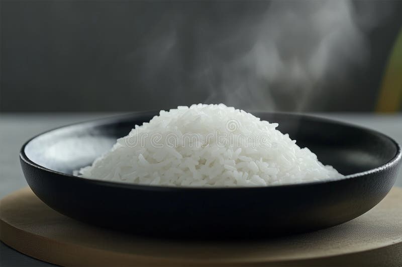 Thai jasmine rice fluffy cooked in the black ceramic plate. royalty free illustration