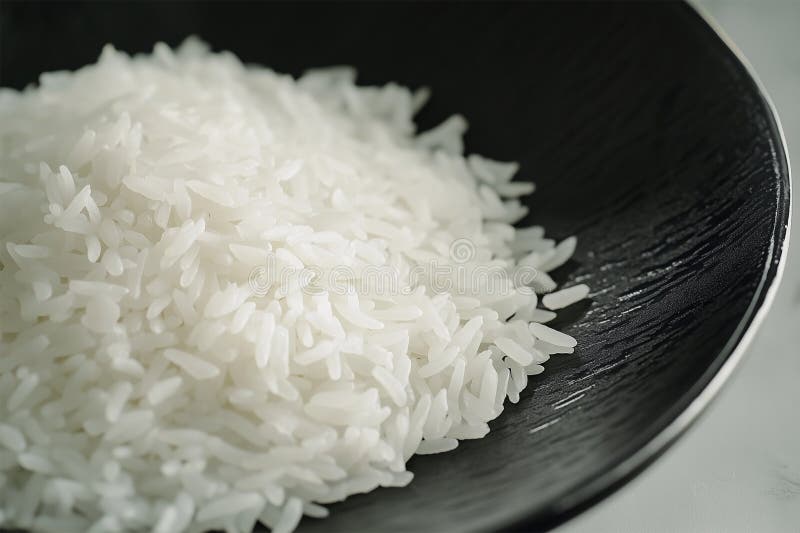 Thai jasmine rice fluffy cooked in the black ceramic plate. vector illustration