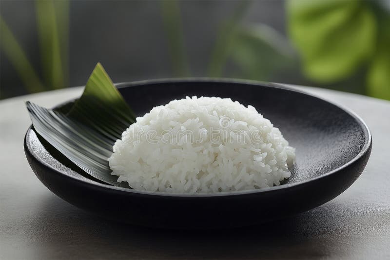Thai jasmine rice fluffy cooked in the black ceramic plate. royalty free illustration