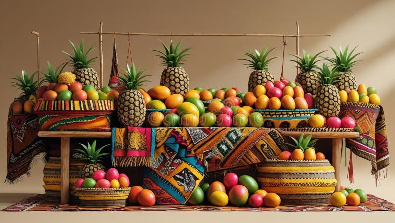African Fruit Market Display with Pineapples, Mangoes, and Colorful Traditional Fabrics royalty free stock photography