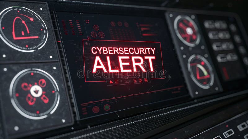 Black and red digital interface displays a prominent \'CYBERSECURITY ALERT\' message at the center. stock illustration