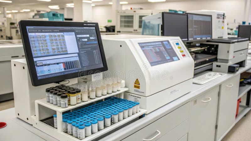 Laboratory setting with advanced equipment used for medical analysis. stock illustration