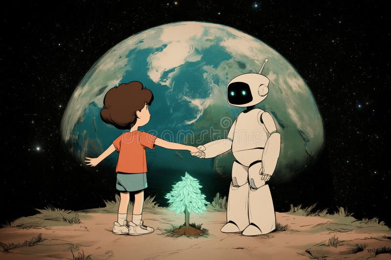 A classic comic book style illustration showing a young boy and a friendly robot holding hands on the moon or an alien planet, with a newly planted small green tree between them. The Earth looms large. Friendship borders illustrations