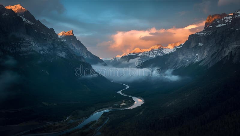 A stunning landscape of a winding river cutting through a valley surrounded by towering royalty free illustration