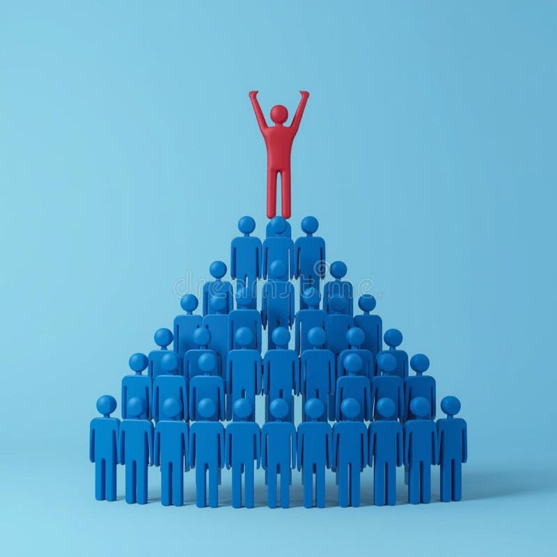 A pyramid of blue human figures in a stylized, minimalist design stands against a light blue background vector illustration