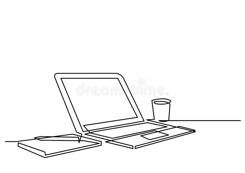Ununterbrochenes Federzeichnung von SchreibtischLaptop-Computer Stift stock abbildung