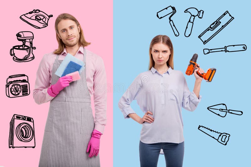 Unusual Couple Changing Gender Roles and Looking Satisfied with it Stock Image