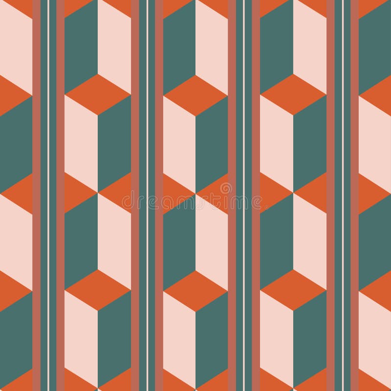 Unusual 3d effect rectangle block and stripe design in teal, orange and pastel pink. Seamless isometric vector pattern