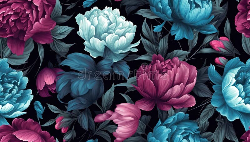 Unusual Floral summer seamless pattern. Blue and pink flowers on a black background. Vintage. SEAMLESS PATTERN. Created