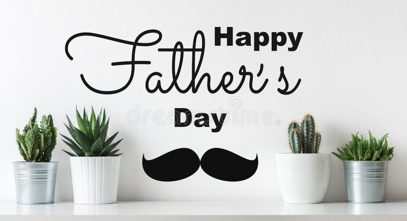 Unusual Happy Father`s day Background. Crazy Cactus Father day greeting card. Potted cactus house plants on white shelf Fathers day web banner.