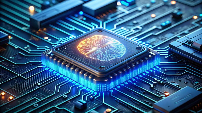 Unveiling the Future A Glimpse into Advanced Artificial Intelligence Through a Futuristic AI Chip and Glowing Brain 3D stock illustration
