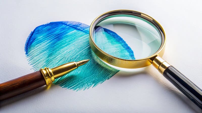 Unveiling Intricate Details An Imprint Examined Closely on White Paper with Pen and Magnifying Glass stock illustration
