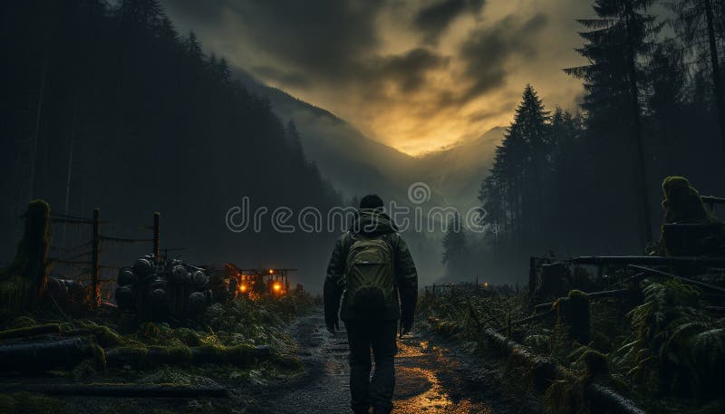 Uomini che escono nella nebbia esplorando il misterioso paesaggio montano generato dall'ai illustrazione di stock
