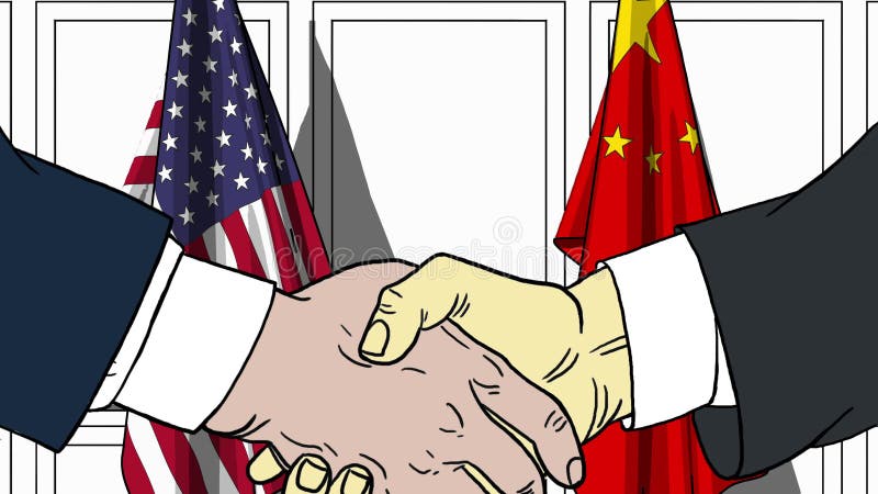 Uomini d'affari o politici che stringono le mani contro le bandiere di U.S.A. e della Cina Riunione o fumetto relativo di coopera illustrazione vettoriale Uomini d'affari o politici che stringono le mani contro le bandiere di U.S.A. e della Cina Riunione o fumetto relativo di coopera illustrazione vettoriale