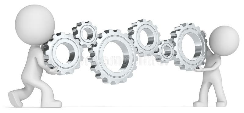 3D illustration of computer generated men holding silver gears in black and white. 3D illustration of computer generated men holding silver gears in black and white.