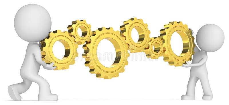 3D illustration of computer generated men holding gold gears. 3D illustration of computer generated men holding gold gears.