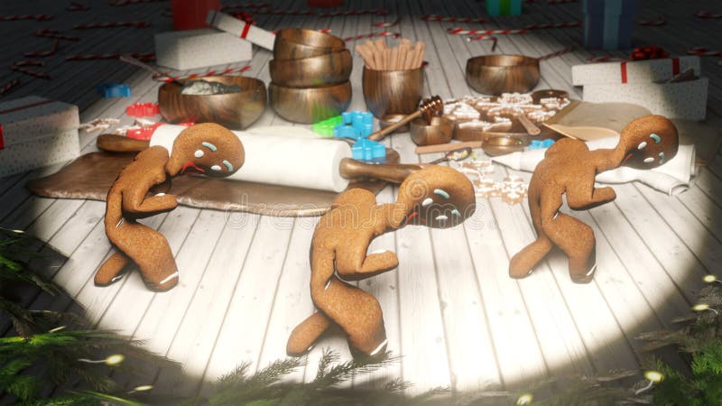 Uomini di pan di zenzero che ballano in mezzo a un tavolo di Natale festivo Il concetto di celebrazione Animazione in loop