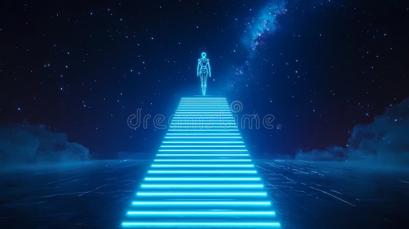 Uomini wireframe che camminano sulle scale accanto alle stelle. Wireframe Human sta camminando su una scala fatta di luci al neon verso un cielo notturno stellato e la via lattea creando una scena futuristica e di altra natura generata dall'AI