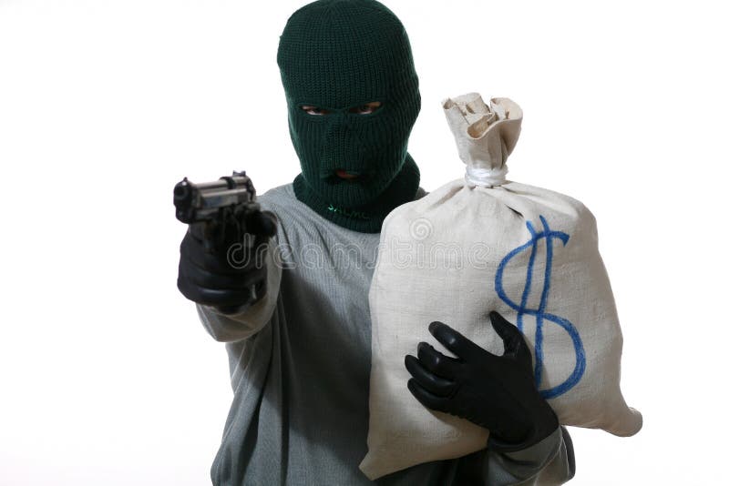 An image of a man in mask with gun and bag. An image of a man in mask with gun and bag