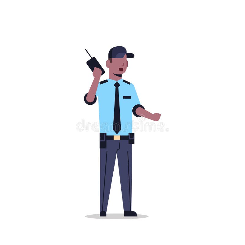 Uomo afroamericano della guardia giurata nel fumetto maschio parlante di tenuta uniforme del walkie-talkie dell'ufficiale di poli illustrazione di stock Uomo afroamericano della guardia giurata nel fumetto maschio parlante di tenuta uniforme del walkie-talkie dell'ufficiale di poli illustrazione di stock
