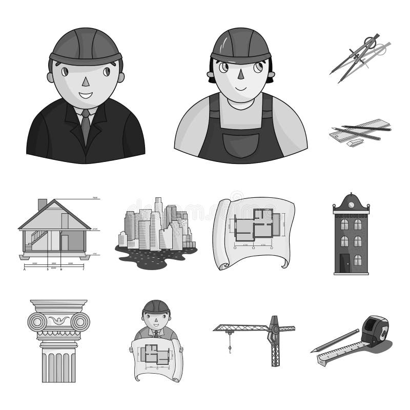 Uomo, architetto, piano, disegno, gru, di sollevamento, macchina, nastro, misura, matita, architettura, costruzione, arte, monume illustrazione di stock Uomo, architetto, piano, disegno, gru, di sollevamento, macchina, nastro, misura, matita, architettura, costruzione, arte, monume illustrazione di stock