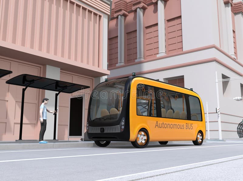 Uomo basso di stile del poligono facendo uso dello smartphone per richiedere un giro che divide il bus di navetta auto-movente illustrazione di stock Uomo basso di stile del poligono facendo uso dello smartphone per richiedere un giro che divide il bus di navetta auto-movente illustrazione di stock