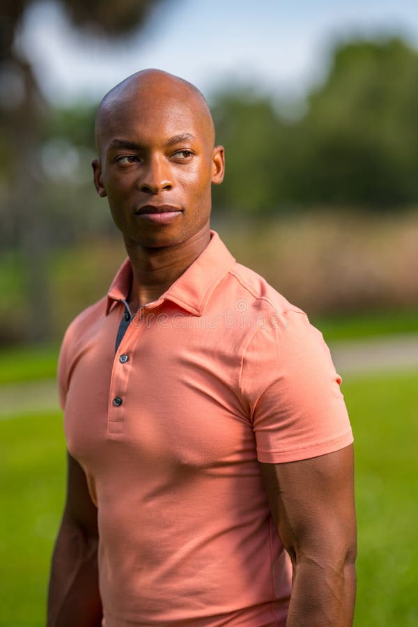 Uomo calvo afroamericano bello del ritratto che porta una camicia di polo rosa immagini stock Uomo calvo afroamericano bello del ritratto che porta una camicia di polo rosa immagini stock