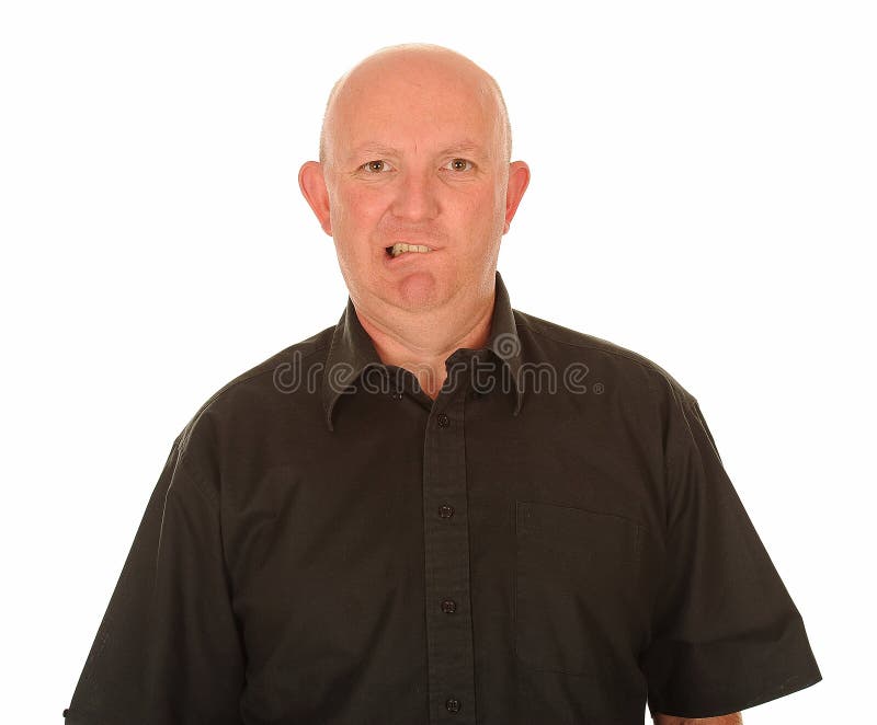 Confused bald man pulling funny or comical face, white studio background. Confused bald man pulling funny or comical face, white studio background.