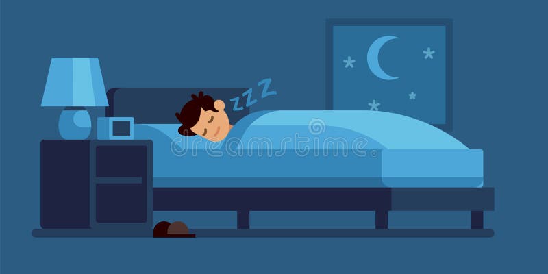 Uomo che dorme. il tizio giace sul letto sotto il piumino di notte, tempo di sonno confortevole, a casa vettoriale piatta, illustr