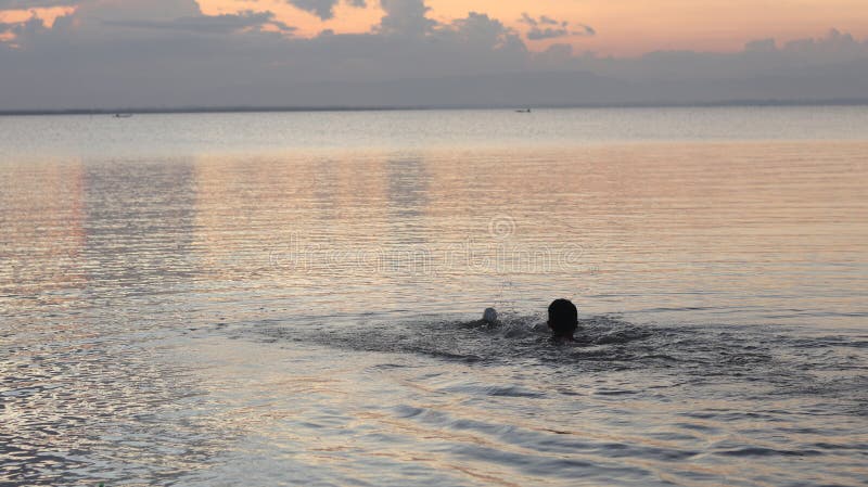Uomo che nuota nel lago nel pomeriggio fotografia stock