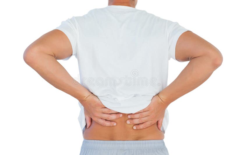 Man suffering from lower back pain on white background. Man suffering from lower back pain on white background