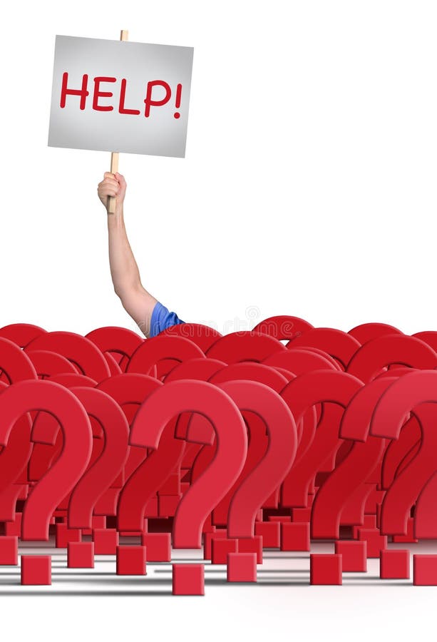 Uomo che tiene AIUTO! segno dietro una parete enorme dei punti interrogativi immagini stock libere da diritti Uomo che tiene AIUTO! segno dietro una parete enorme dei punti interrogativi immagini stock libere da diritti