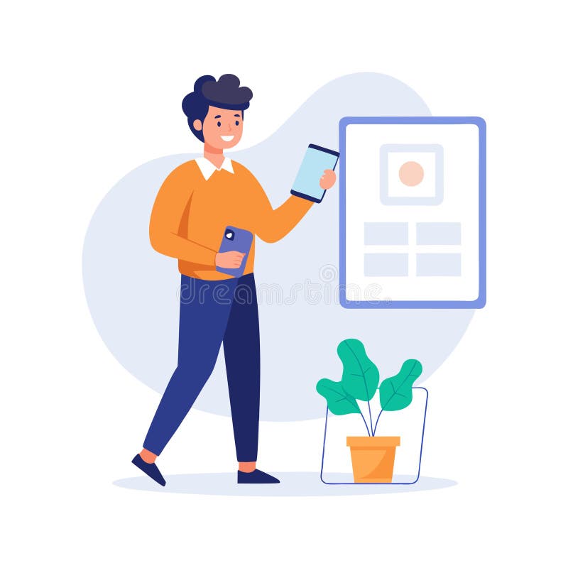 Uomo che tiene in mano uno smartphone mentre guarda lo schermo digitale mostra il concetto di app mobile a schermo piatto royalty illustrazione gratis