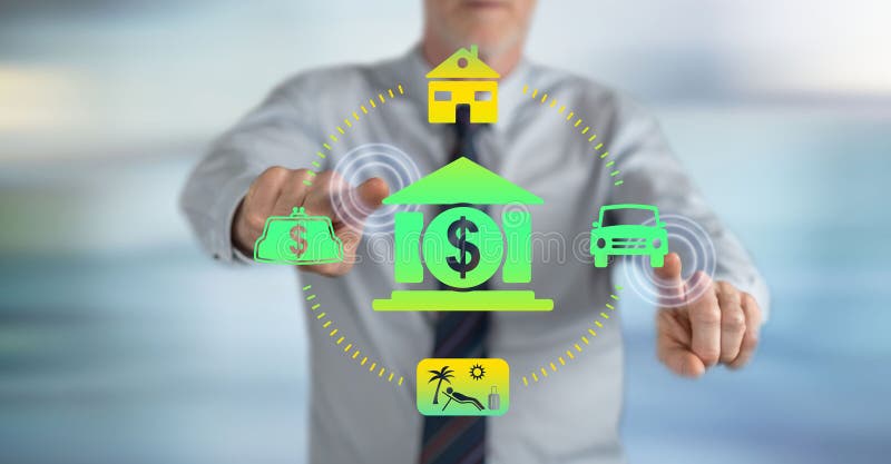 Uomo che tocca un concetto di prestito personale fotografia stock