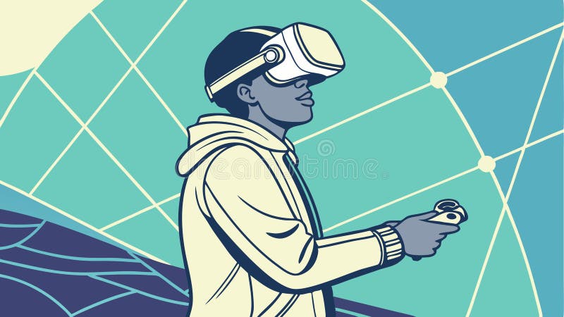 Uomo che utilizza VR headset videogiochi e realtà virtuale e intrattenimento generativo AI illustrazione di stock