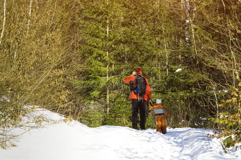 Uomo con i supporti del figlio e dello zaino contro lo sfondo delle conifere nel giorno di inverno della foresta Vista dalla part immagine stock Uomo con i supporti del figlio e dello zaino contro lo sfondo delle conifere nel giorno di inverno della foresta Vista dalla part immagine stock