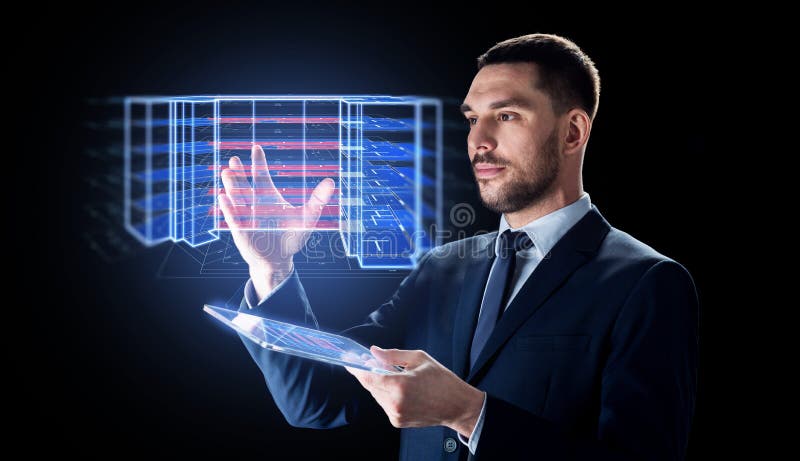 Uomo con la compressa ed il progetto di costruzione virtuale immagine stock libera da diritti Uomo con la compressa ed il progetto di costruzione virtuale immagine stock libera da diritti