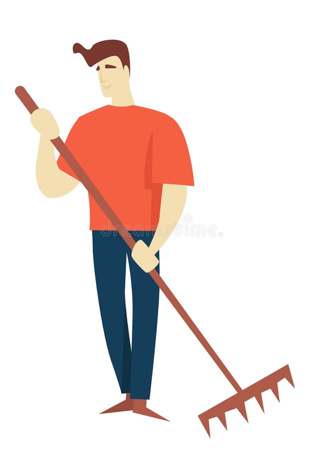 Uomo con lo strumento di giardinaggio o il carattere maschio isolato rastrello illustrazione di stock Uomo con lo strumento di giardinaggio o il carattere maschio isolato rastrello illustrazione di stock