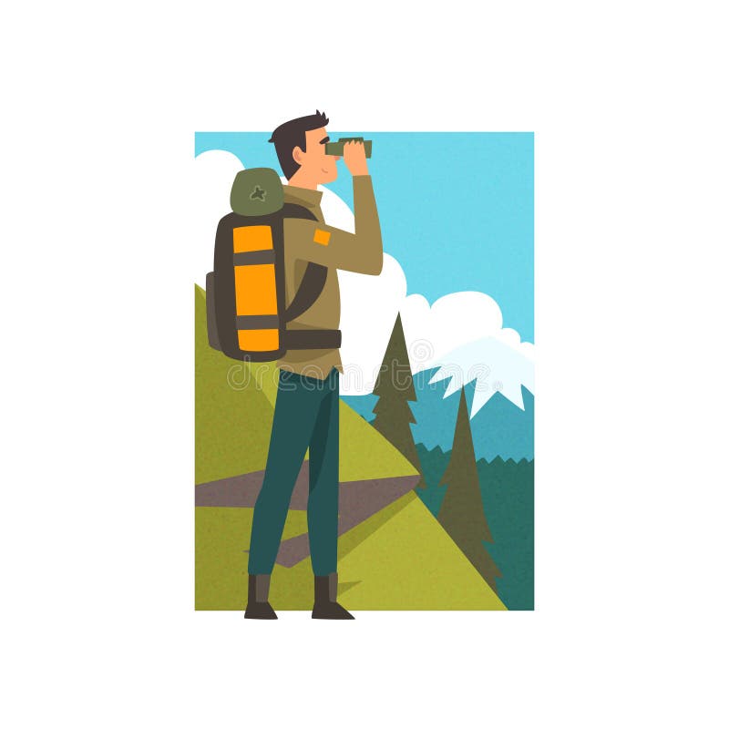 Uomo con lo zaino ed il binocolo nel paesaggio della montagna di estate, attività all'aperto, viaggio, viaggio di campeggio e Bac royalty illustrazione gratis Uomo con lo zaino ed il binocolo nel paesaggio della montagna di estate, attività all'aperto, viaggio, viaggio di campeggio e Bac royalty illustrazione gratis